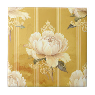 Vintage Ivory Peony on Mustard Gold Stripes Tile