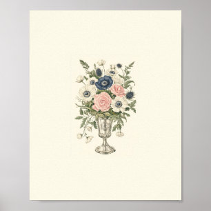 Vintage ivory pink blue mauve green flowers poster