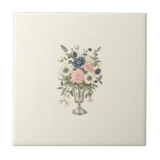 Vintage ivory pink blue mauve green flowers tile