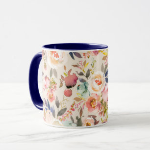 Vintage ivory pink brown watercolor rustic floral mug