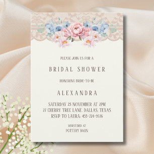 Vintage Ivory Pink Floral Lace Bridal Shower Invitation