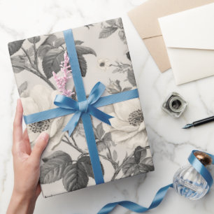 Vintage Ivory Rose Grey Floral Pattern Wrapping Paper