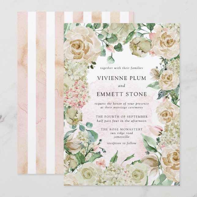 Vintage Ivory Rose Hydrangea Floral Wedding Invitation (Front/Back)