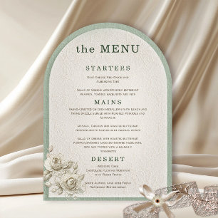Vintage Ivory & Sage Green Lace Arch Wedding Menu Invitation