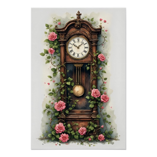 Vintage Ivy Rose Grandfather Clock Poster (Front)