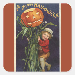 Vintage Jack-o-Lantern Cornstalk and Boy Halloween Square Sticker