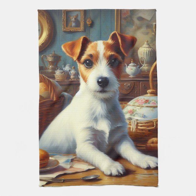 Vintage Jack Russell Terrier Painting Tea Towel (Vertical)