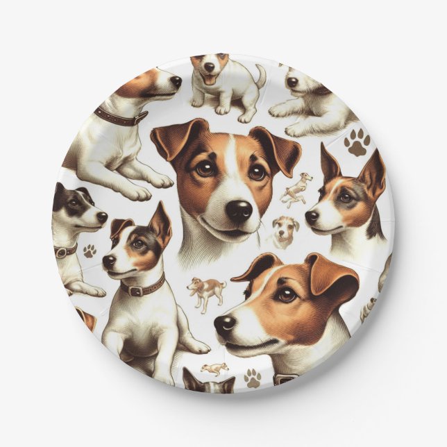 Vintage Jack Russell Terrier Seamless Paper Plate (Front)