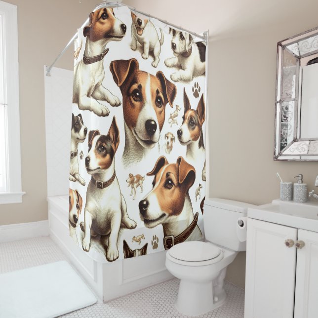 Vintage Jack Russell Terrier Seamless Shower Curtain (In Situ)