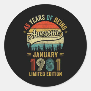 Vintage January 1981 Old 45th Birthday Men Women  Classic Round Sticker