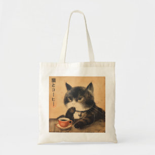 Vintage Japan art cute cat with a cup of coffee Tote Bag