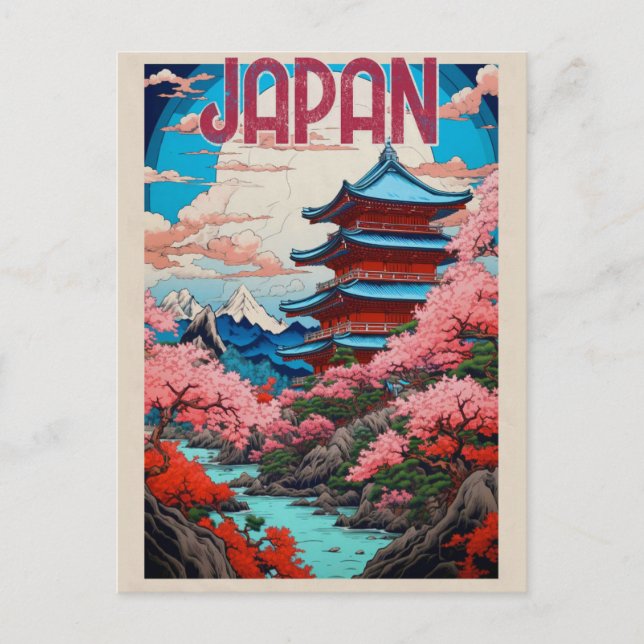 Vintage Japan Pagoda Cherry Blossoms Travel Postcard (Front)