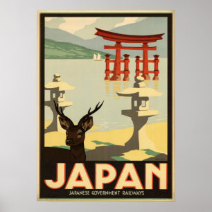 Vintage Japan Sika Deer,Torii Gate Travel Poster