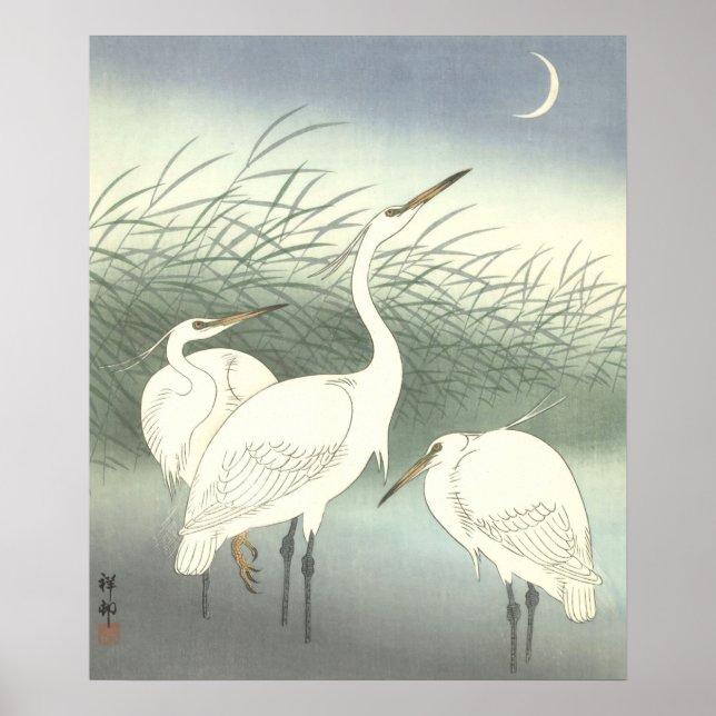 Vintage Japanese 3 Herons Under Crescent Moon Poster (Front)