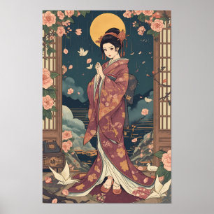 Vintage Japanese Anime Kimono Girl Aesthetic Art P Poster