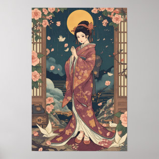 Vintage Japanese Anime Kimono Girl Aesthetic Art P Poster
