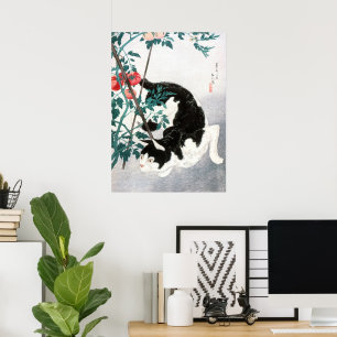 Vintage Japanese Art Black White Cat Tomato Poster