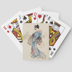 Vintage Japanese Art Blue Woman Playing Cards