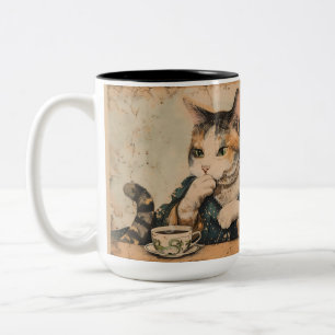 Vintage Japanese art cute cat with a cup of tea