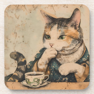 Vintage Japanese art cute cat with a cup of tea Coaster