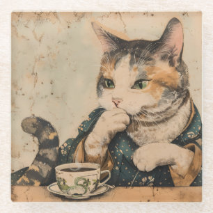 Vintage Japanese art cute cat with a cup of tea Glass Coaster