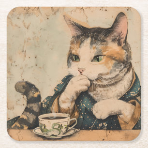 Vintage Japanese art cute cat with a cup of tea Square Paper Coaster