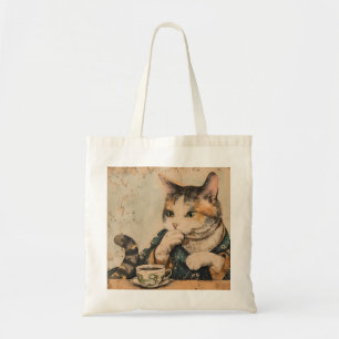 Vintage Japanese art cute cat with a cup of tea Tote Bag