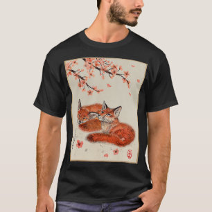 Vintage Japanese Art Fox Cherry Blossom Woodblock T-Shirt