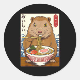 Vintage Japanese Art Groundhog Eat Ramen Funny Gro Classic Round Sticker