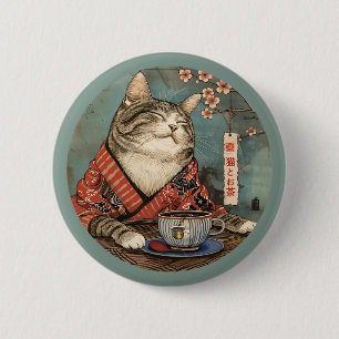 Vintage japanese art happy cat with a cup of tea 6 cm round badge