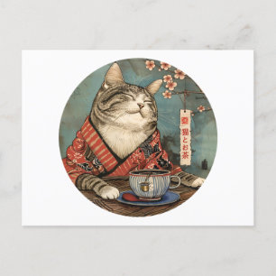 Vintage japanese art happy cat with a cup of tea postcard