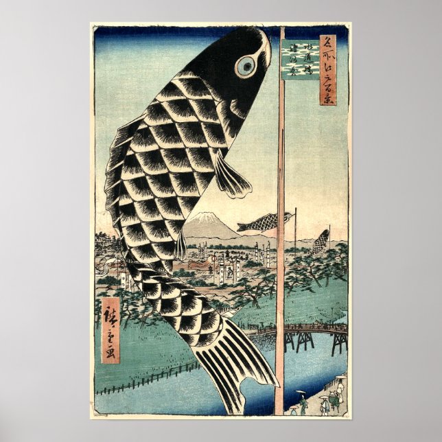 Vintage Japanese Art Paper Fish Blue Poster (Front)