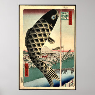 Vintage Japanese Art Paper Fish Red Poster