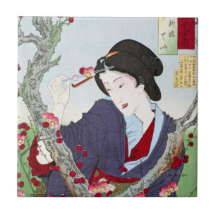 Vintage Japanese Art Print Woman Pink Blossoms Tile
