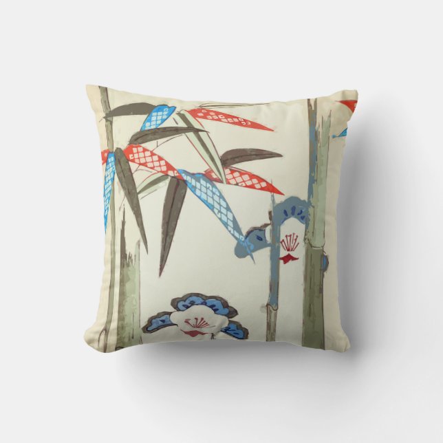 Vintage Japanese Artwork Bamboo Throw Pillow (Front)