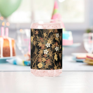 Vintage Japanese Autumn Gold Floral Black Art Can Glass