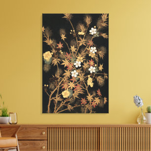 Vintage Japanese Autumn Gold Floral Black Art Canvas Print