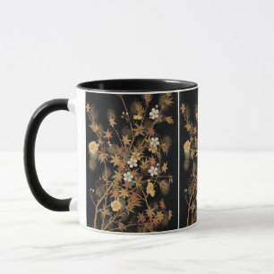 Vintage Japanese Autumn Gold Floral Black Art Mug