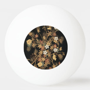 Vintage Japanese Autumn Gold Floral Black Art Ping Pong Ball