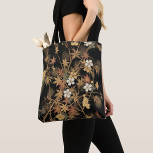 Vintage Japanese Autumn Gold Floral Black Art Tote Bag