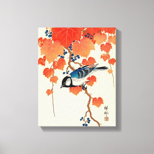 Vintage Japanese Bird and Autumn Grapevine Canvas Print (Front)