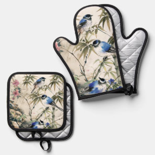 Vintage Japanese Bird Blossom Oven Mitt & Pot Holder Set