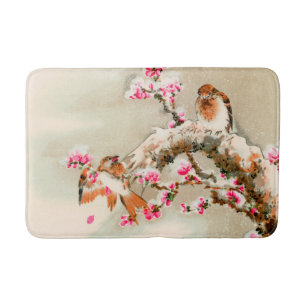 Vintage japanese birds on a branch bath mat