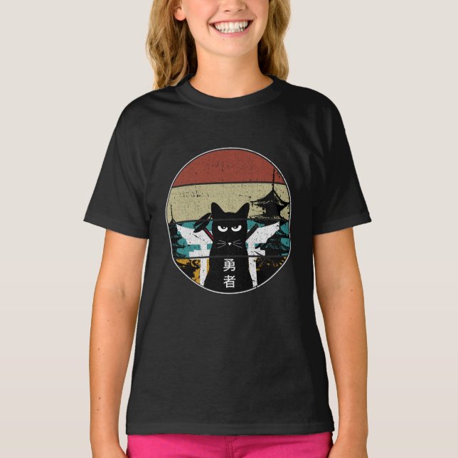 Vintage Japanese black Cat Art Design T-Shirt (Front)