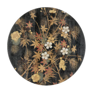 Vintage Japanese Black Gold Autumn Floral Art Cutting Board