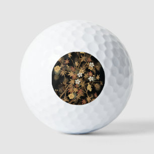 Vintage Japanese Black Gold Autumn Floral Art Golf Balls