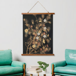 Vintage Japanese Black Gold Autumn Floral Art Hanging Tapestry