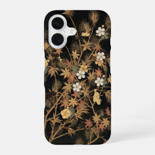 Vintage Japanese Black Gold Autumn Floral Art iPhone 16 Case