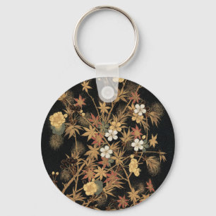 Vintage Japanese Black Gold Autumn Floral Art Key Ring