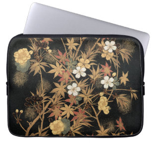 Vintage Japanese Black Gold Autumn Floral Art Laptop Sleeve